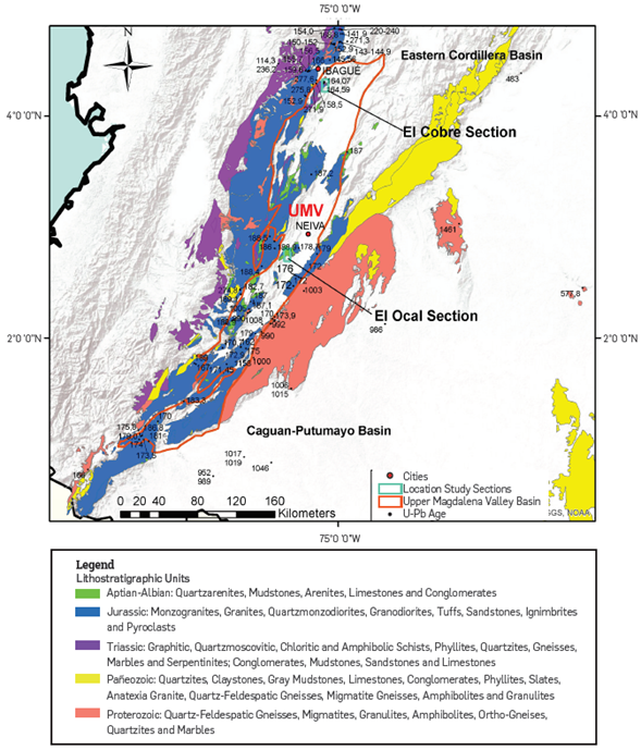 Geological map for the block studied in the Upper Magdalena Valley Basin. Source: Modified from (74). The study areas in the Caballos Formation are indicated by a green box.