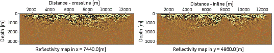 Left: Crossline of the difference between the migrated images at 7.44 km, and Right: Inline of the difference between the migrated images at 5.12 km; using the RTM implementation strategies 1 and 2. The amplitude of the images is amplified 106 compared to Figure 6.