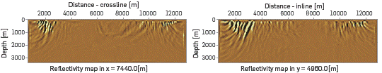 Left: Crossline of the difference between the migrated images at 7.44 km, and Right: Inline of the difference between the migrated images at 5.12 km; using the RTM implementation strategies 1 and 3. The amplitude of the images is amplified 103 compared to Figure 7.