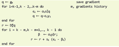 L-BFGS Algorithm pseudocode. The search direction r is the product between the inverse of the Hessian matrix and the gradient.