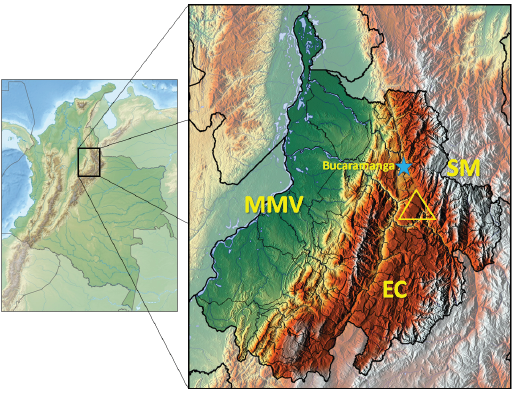 Location of the Mesa de Los Santos sector, which relates to the area enclosed within the triangle; in the Eastern Cordillera (EC&), Mesa de Los Santos is located between two large domains; to the east the domain formed by the crystalline rocks of the Santander Massif (SM) and to the west the domain formed by the sedimentary rocks of the piedmont and the Middle Magdalena Valley (MMV). Image taken and modified from [10].