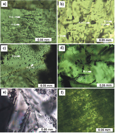 Photomicrographs at 50x illustrating: primary aqueous fluid inclusions relating to FIA 1 (a), FIA 2 (b) and FIA 3 (c) contained in calcite crystals of granular aggregates in samples LHR2-01 (a and b) , LHR2-03 (c), d and e. primary aqueous fluid inclusions (FIA 6) in calcite crystals in granular aggregates of elongate crystals (sample LHR2-04), f. primary aqueous fluid inclusions in fibrous aggregates; note their small size.