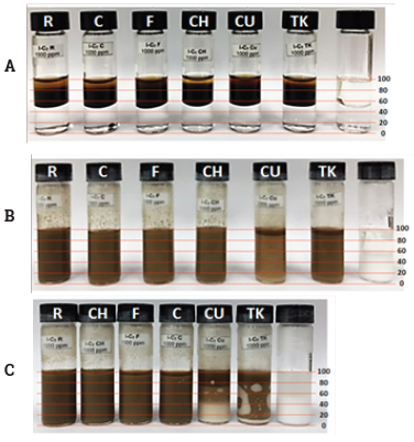 Emulsion stabilization test, (a) before agitation, (b) after 30 minutes and (c) after 24 hours.